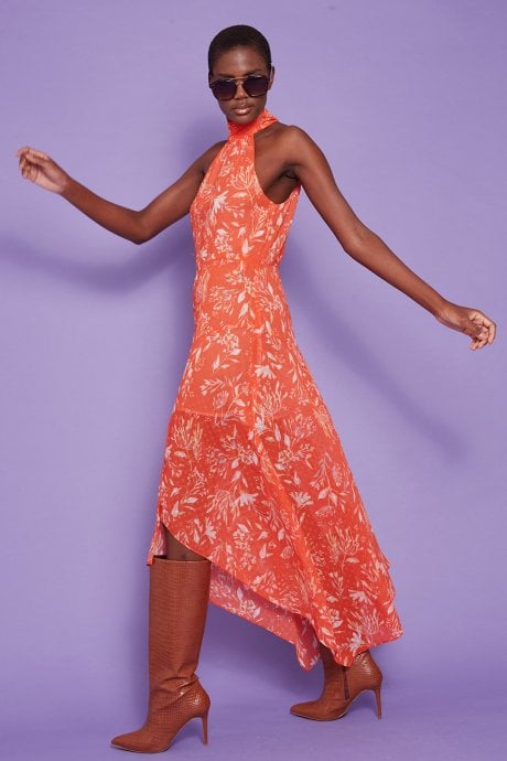 Silk Blend Halter Neck Floral Dress
