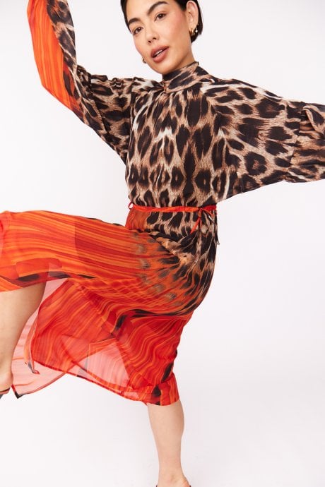 Silk Blend Leopard Maxi Dress in Red
