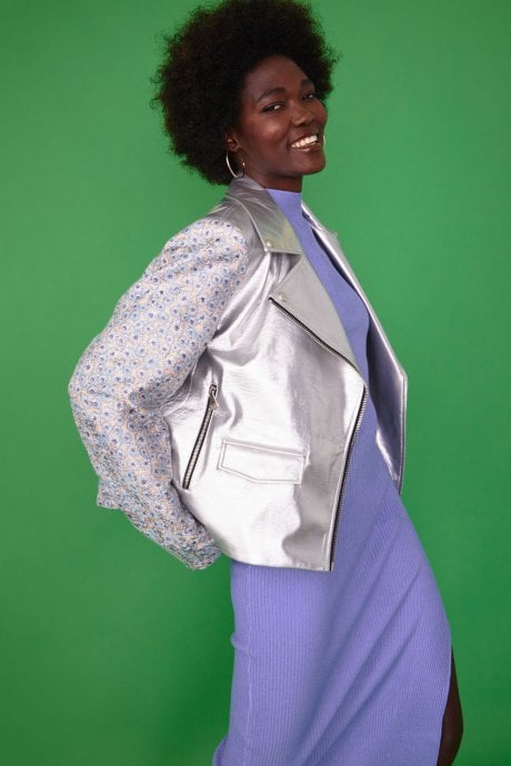 Silver Biker Jacket with Floral Embroidered Sleeves and Back