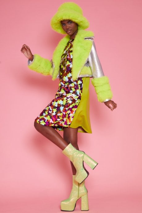 Silver Faux Leather with Lime Green Faux Fur Biker Jacket