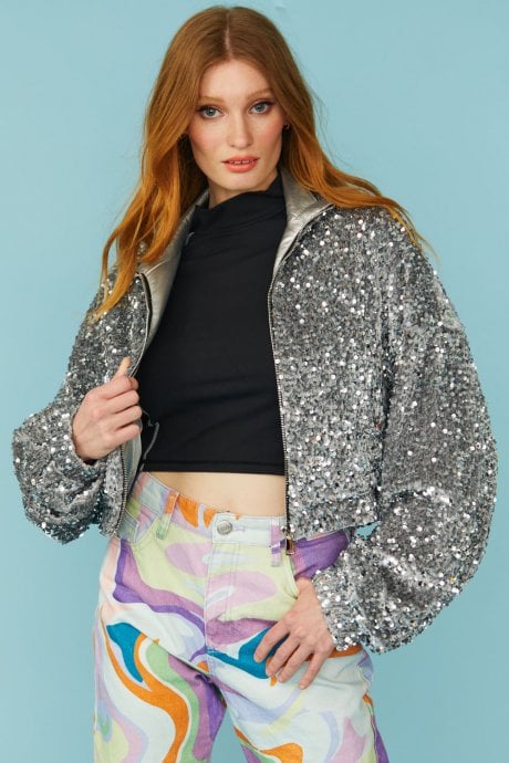 Silver Sequin Cropped Biker Jacket
