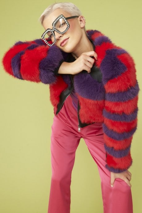 Striped Faux Fur Cropped Bomber Jacket