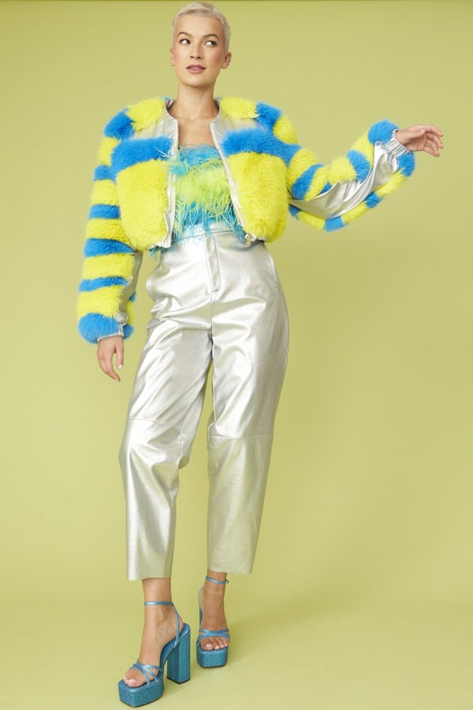JAYLEY Striped Faux Fur Cropped Bomber Jacket