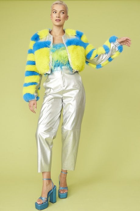 Striped Faux Fur Cropped Bomber Jacket