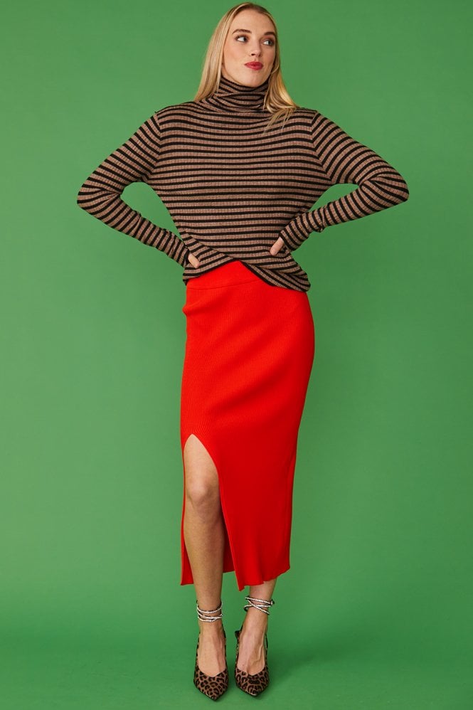 JAYLEY Striped Turtleneck Cashmere Top Brown