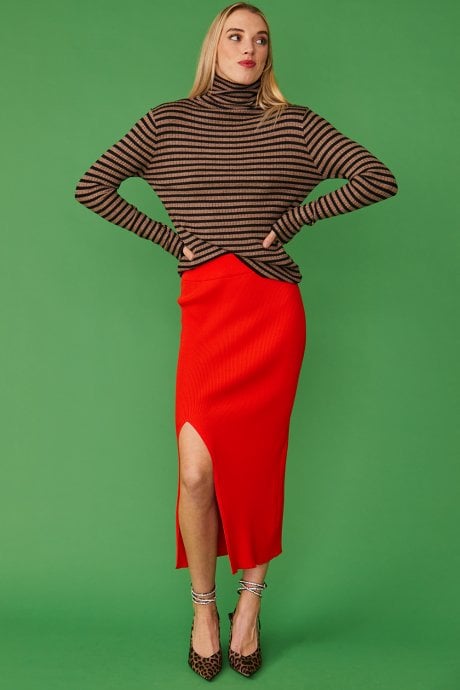 Striped Turtleneck Cashmere Top Brown