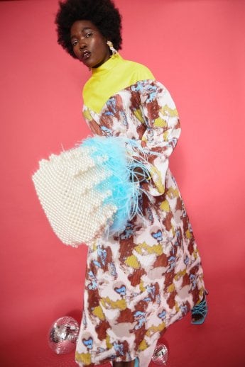 Teal Handmade Pearl Tote Bag with Feather Trim