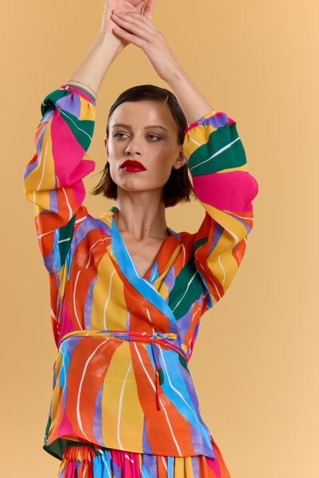 Tencel Blend Multi Print Wrap Shirt