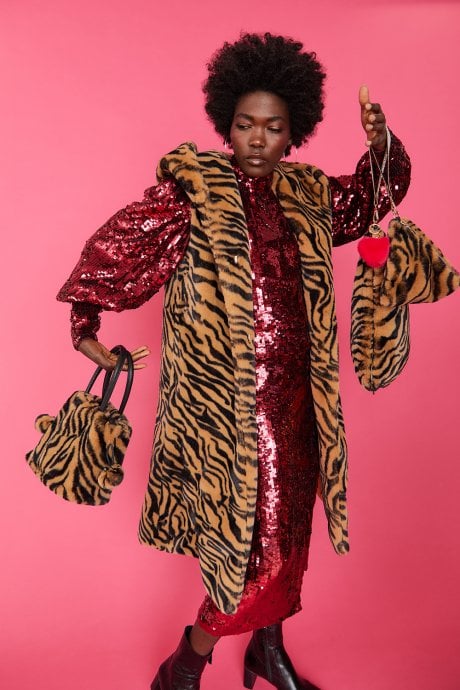 Tiger Print Faux Fur Hooded Tiger Print Maxi Gilet | Waistcoat