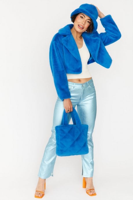 Turquoise Faux Fur Cropped Jacket