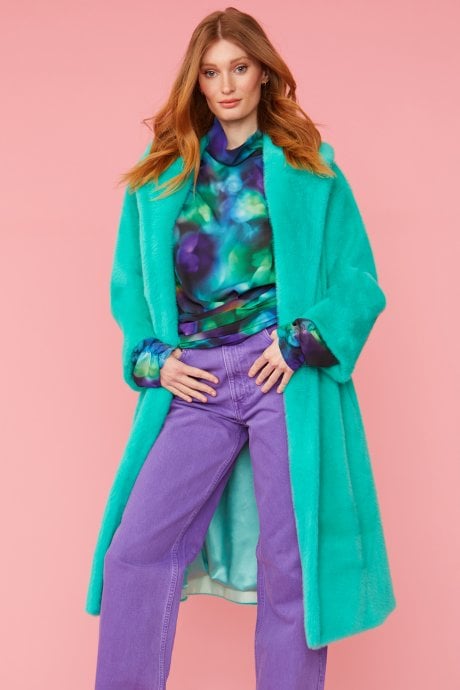 Turquoise Faux Fur Midi Coat