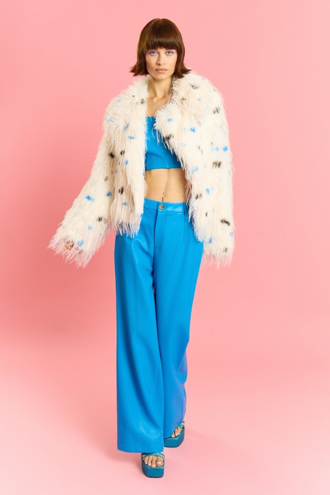 JAYLEY White and Blue Hand cut Mongolian Fur Knitted Jacket