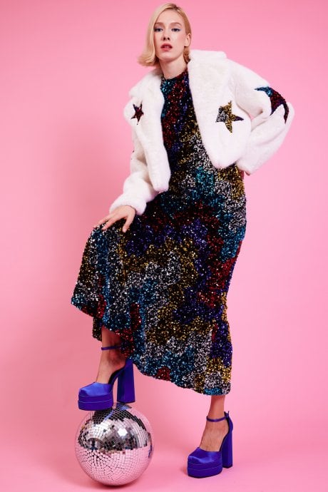 White Bamboo Faux Fur Sequins Star Jacket