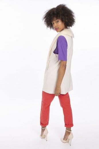 White Faux Fur Faux Suede Long Gilet | Waistcoat