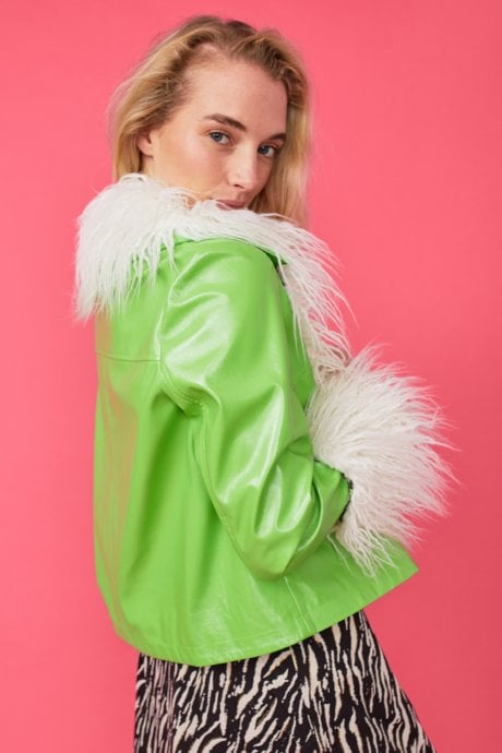White Faux Leather Biker Jacket with Mongolian fur Cuffs and Collar