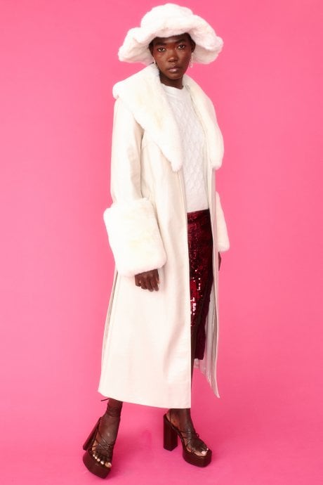 White Faux Leather Jacket With Detachable Faux Fur Cuffs & Collar