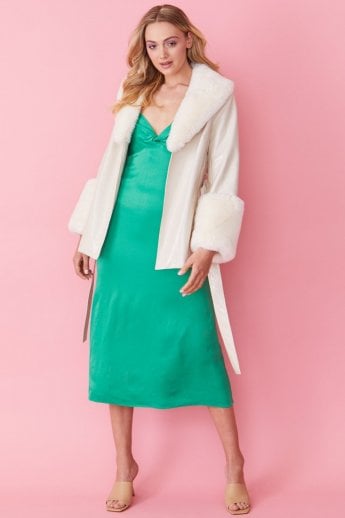 White Faux Suede With Detachable Faux Fur Collar and Cuffs