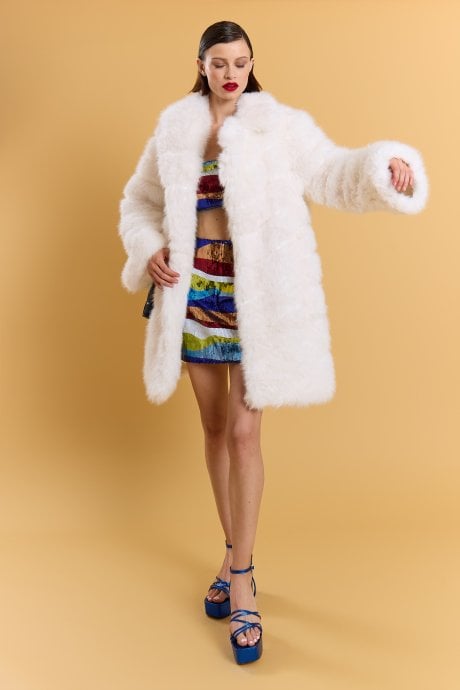 White Handmade Bamboo Blend Faux Fur Coat