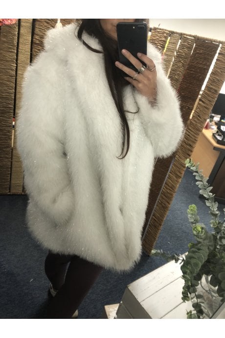 White Metallic Faux Fur Coat