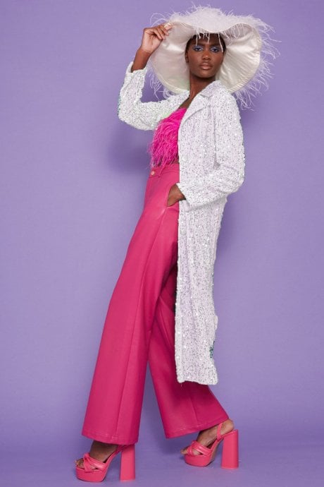 White Sequin Velvet Trench Coat