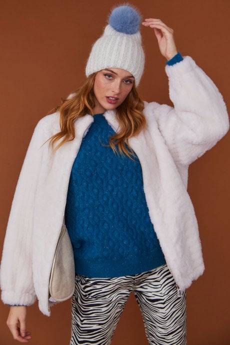 White Shearling Bomber Jacket with Zip