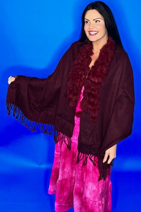 Wool Wrap with Coney Fur Pom Pom