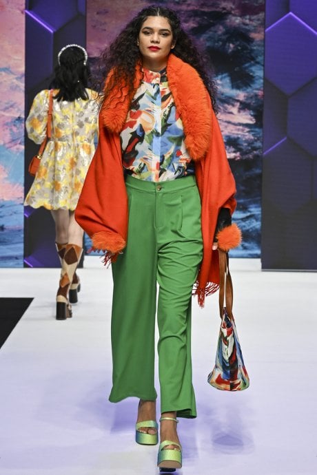 Wool Wrap with Orange Detachable Faux Fur Collar
