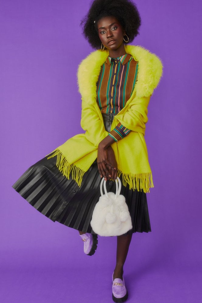 JAYLEY Wool Wrap with Yellow Detachable Faux Fur Collar
