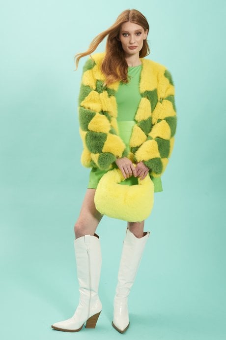 Yellow and Green Delilah Diamond Faux Fur Coat