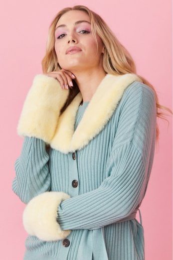 Yellow Cashmere Cardigan with Detachable Faux Fur Collar & Cuffs