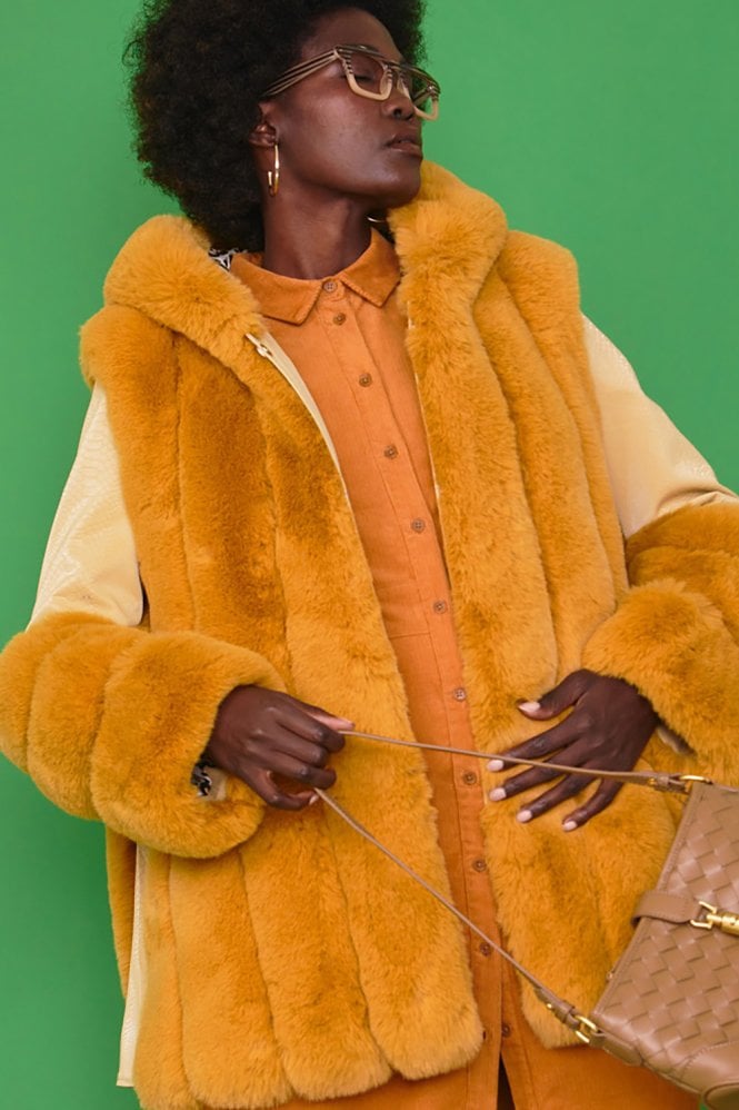 JAYLEY Yellow Faux Fur and Faux Leather Panelled Coat