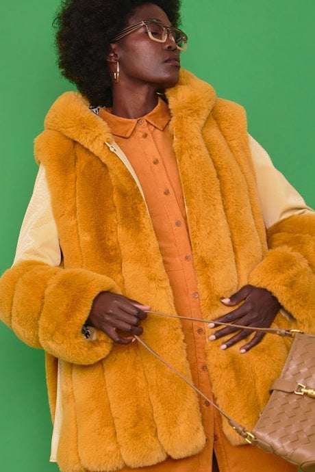 Yellow Faux Fur and Faux Leather Panelled Coat