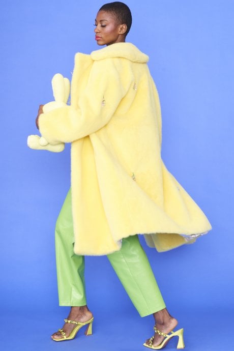 Yellow Faux Fur Coat with Floral Embellishments