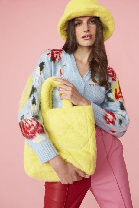 Yellow Faux Fur Diamond Stitch Tote Bag