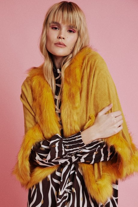 Yellow Faux Fur Faux Suede Cape Jacket