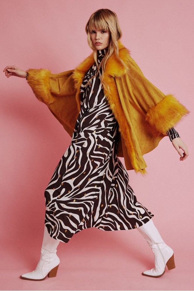 JAYLEY Yellow Faux Fur Faux Suede Cape