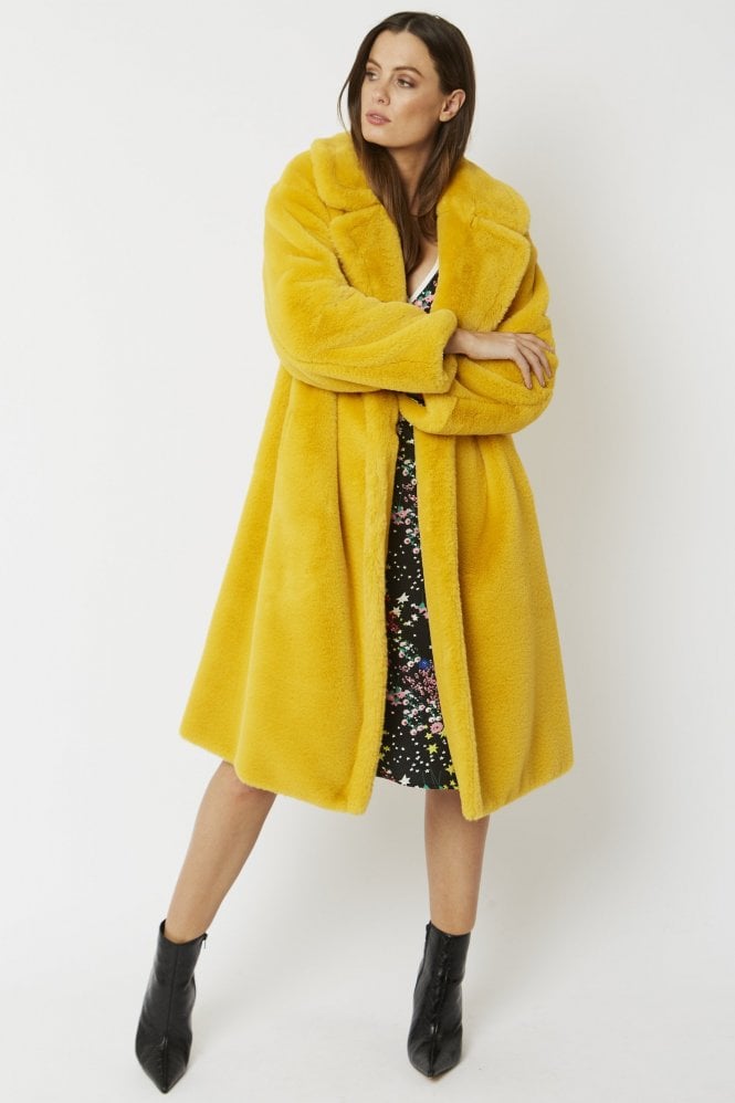 JAYLEY Yellow Faux Fur Midi Shaved Shearling Coat