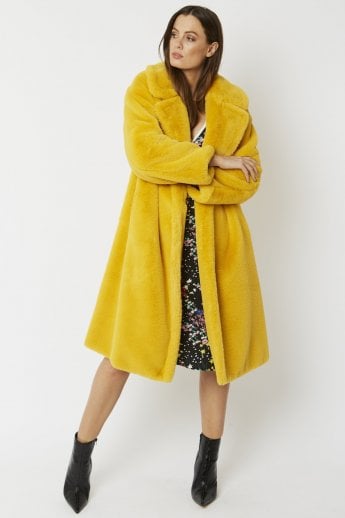 Yellow Faux Fur Midi Shaved Shearling Coat