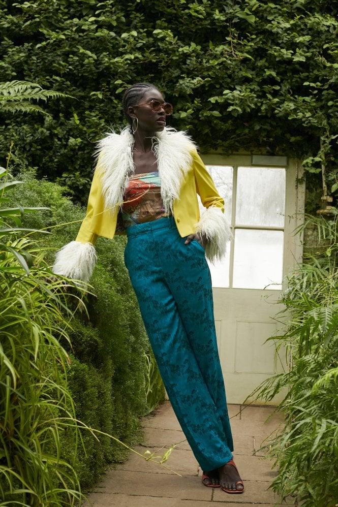 JAYLEY Yellow Faux Leather Biker Jacket with Mongolian fur Cuffs and Collar