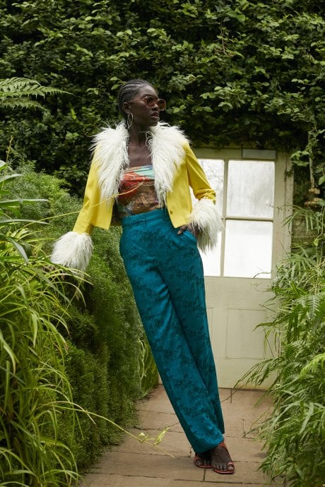 Yellow Faux Leather Biker Jacket with Mongolian fur Cuffs and Collar