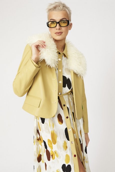 Yellow Faux Leather Jacket With Faux Shearling Collar