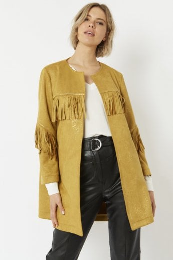 Yellow Faux Suede Tassel Trench Jacket