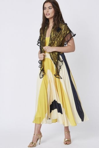 Yellow Fine Knit and Lace Scarf