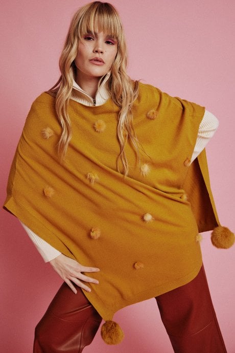 Yellow Fine Knit Cashmere Blend Pom Pom Poncho