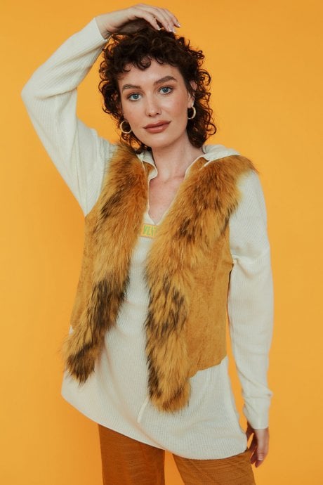 Yellow Fox Fur and Faux Suede Gilet
