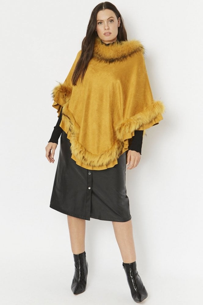 JAYLEY Yellow Fox Fur and Faux Suede Poncho