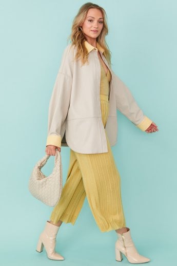 Yellow /Grey Two Tones Eco Leather Angelina Oversized Shacket  Shirt Jacket  