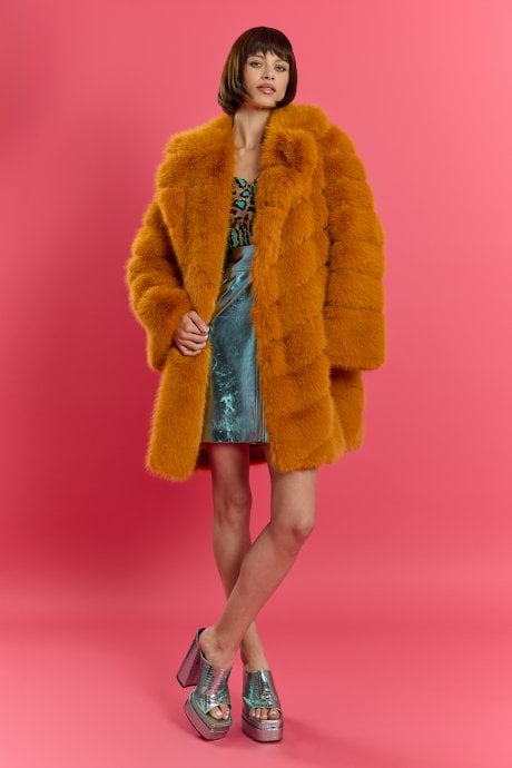 Yellow Handmade Bamboo Blend Faux Fur Coat