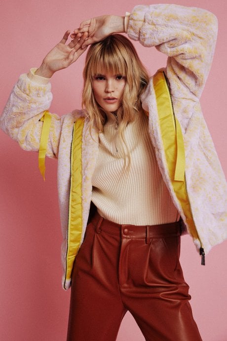 Yellow Mottled Snow Faux Fur Hooded Jacket