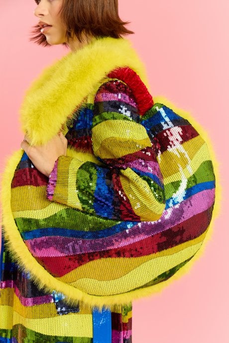 Yellow Sequin and Faux Fur Bag